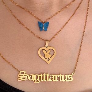 Custom Bundle 3 Gold Stainless Steel Necklaces: Butterfly, Zodiac, Playb…